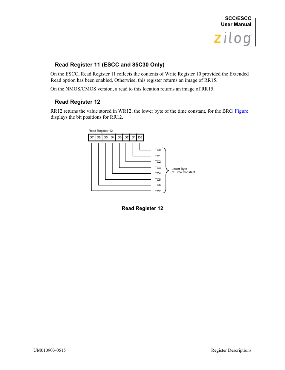 Read register 11 (escc and 85c30 only), Read register 12 | Zilog Z80230 User Manual | Page 193 / 394