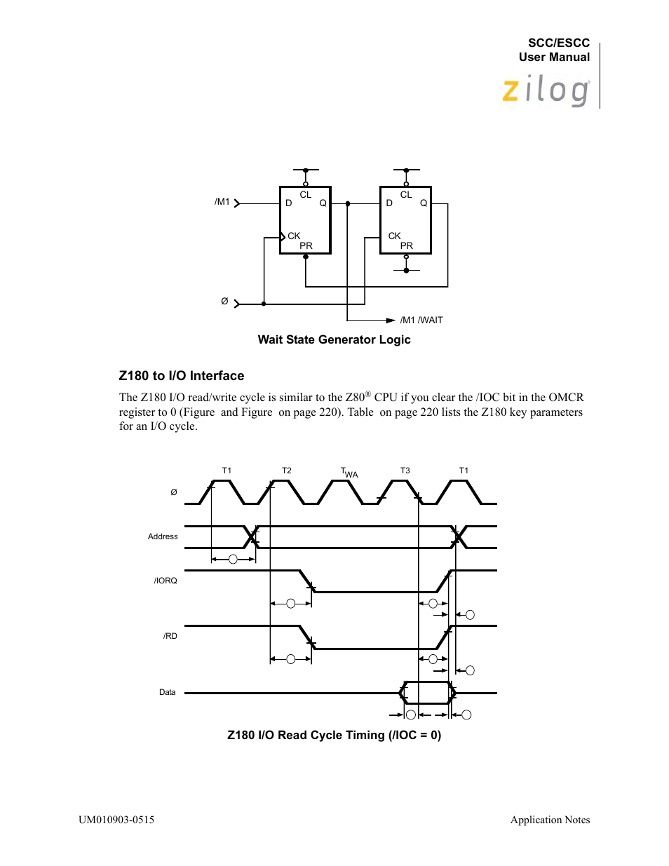 Z180 to i/o interface, Scc/escc user manual, 219 wait state generator logic | Zilog Z80230 User Manual | Page 226 / 394