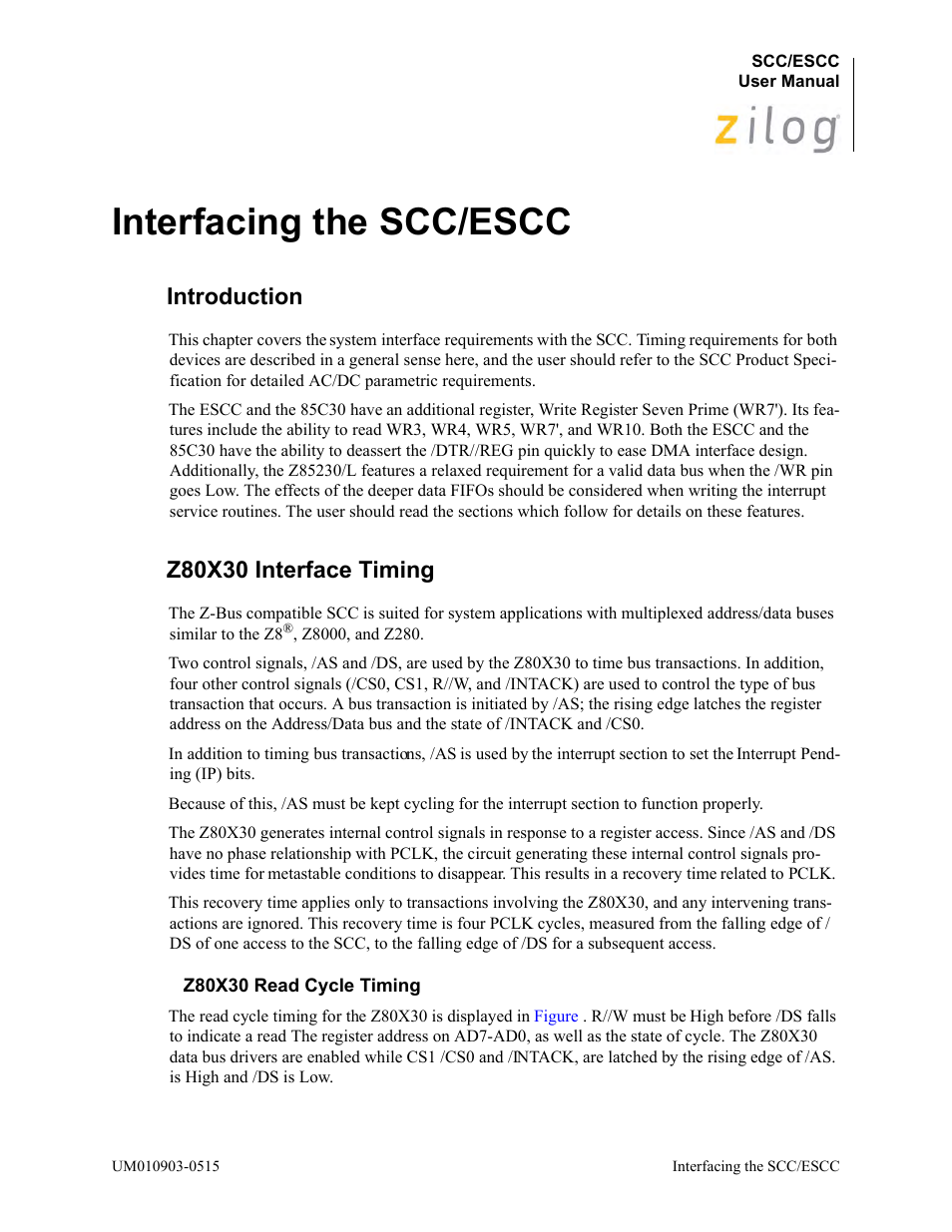 Interfacing the scc/escc, Introduction, Z80x30 interface timing | Z80x30 read cycle timing, Introduction z80x30 interface timing | Zilog Z80230 User Manual | Page 24 / 394