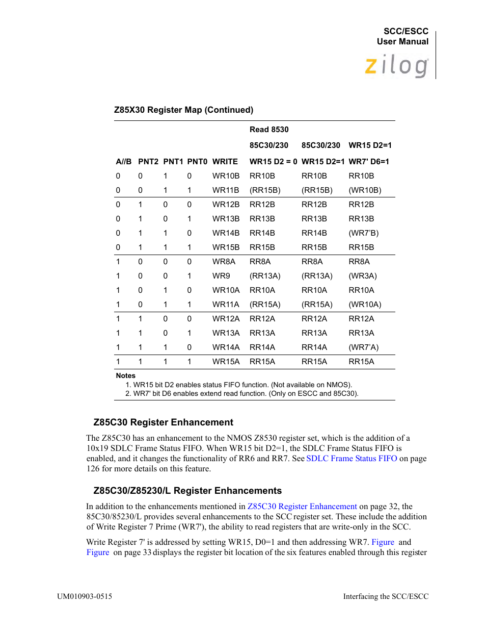 Z85c30 register enhancement, Z85c30/z85230/l register enhancements | Zilog Z80230 User Manual | Page 39 / 394
