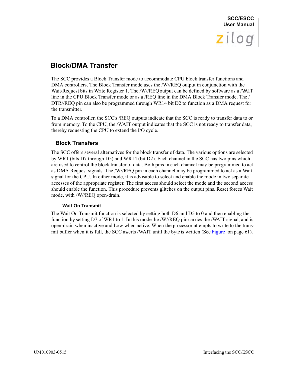 Block/dma transfer, Block transfers, Block/dma | Transfer | Zilog Z80230 User Manual | Page 67 / 394