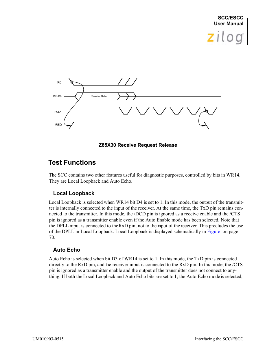 Test functions, Local loopback, Auto echo | Figure | Zilog Z80230 User Manual | Page 76 / 394