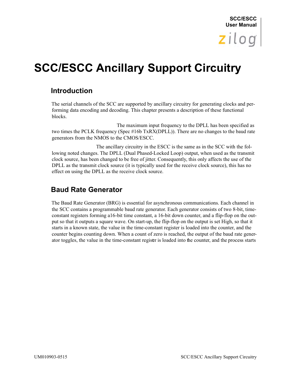 Scc/escc ancillary support circuitry, Introduction, Baud rate generator | Introduction baud rate generator | Zilog Z80230 User Manual | Page 78 / 394