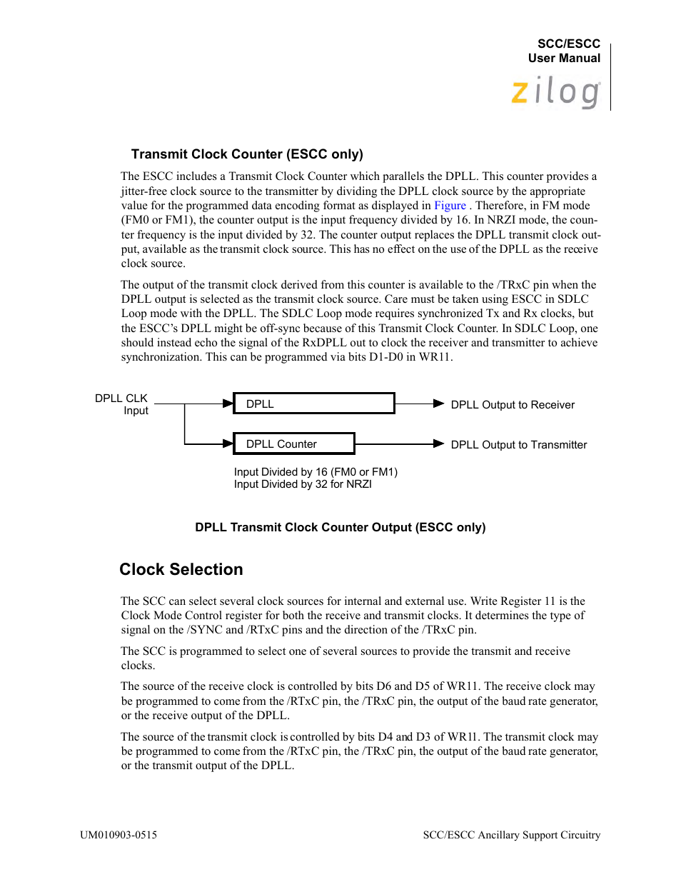 Transmit clock counter (escc only), Clock selection | Zilog Z80230 User Manual | Page 90 / 394