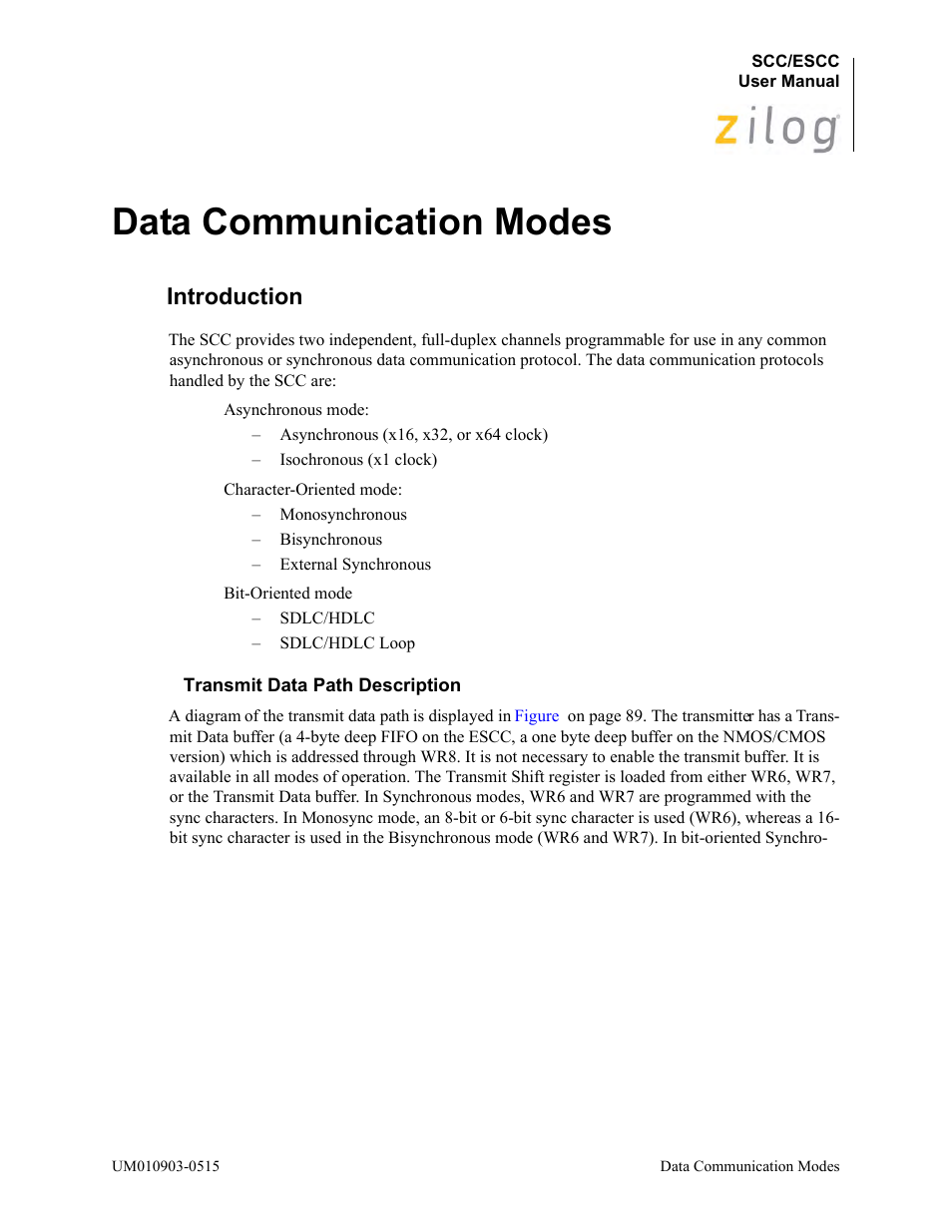 Data communication modes, Introduction, Transmit data path description | Zilog Z80230 User Manual | Page 95 / 394