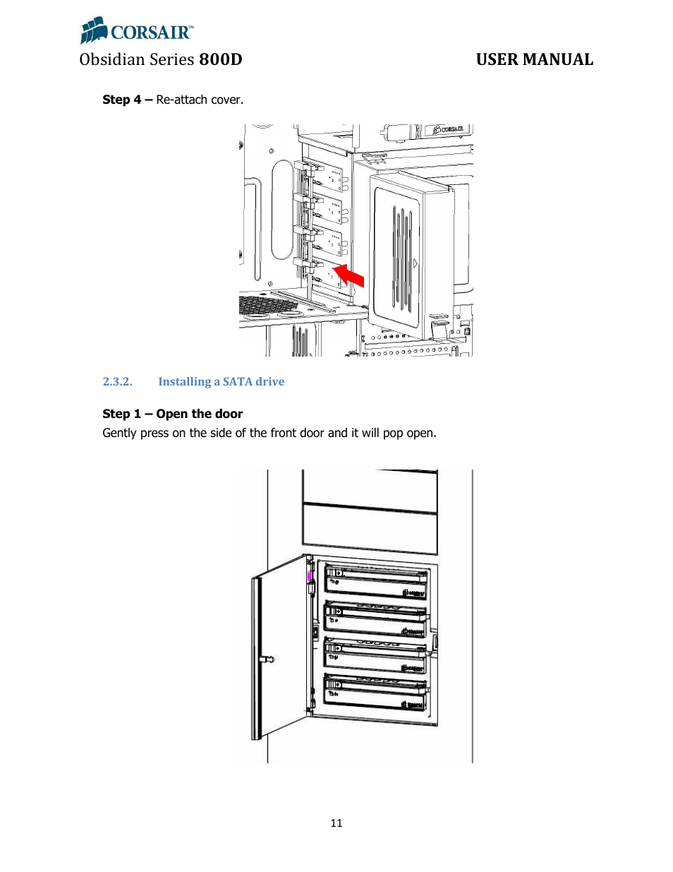 Installing a sata drive, Obsidian series 800d user manual | Corsair Obsidian 800D User Manual | Page 11 / 27