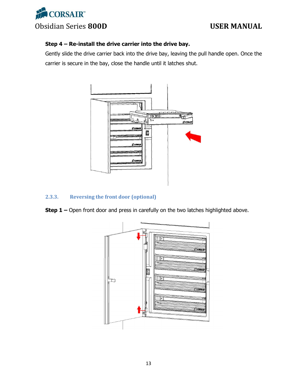 Reversing the front door (optional), Obsidian series 800d user manual | Corsair Obsidian 800D User Manual | Page 13 / 27