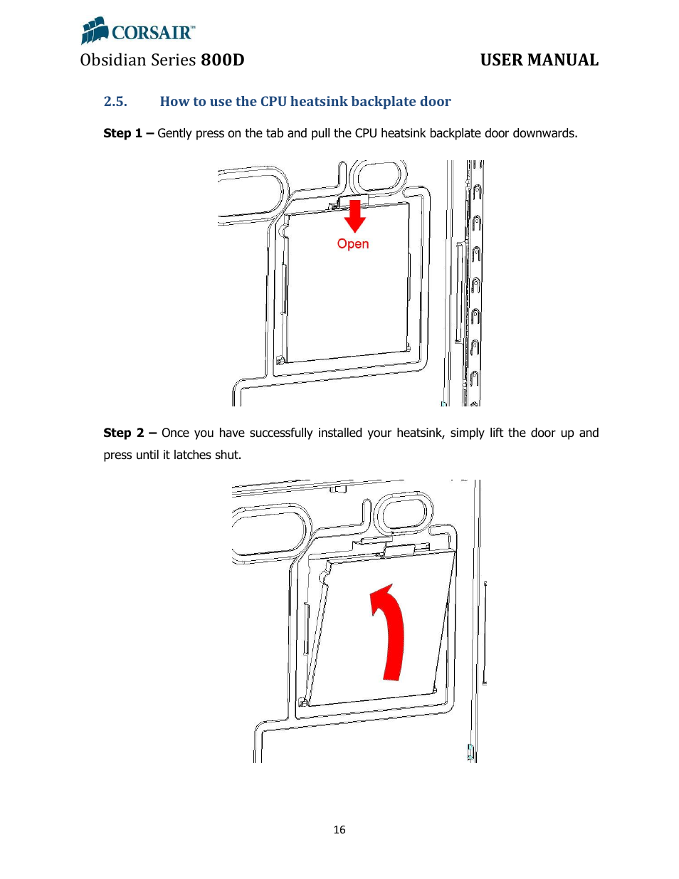 How to use the cpu heatsink backplate door, Obsidian series 800d user manual | Corsair Obsidian 800D User Manual | Page 16 / 27