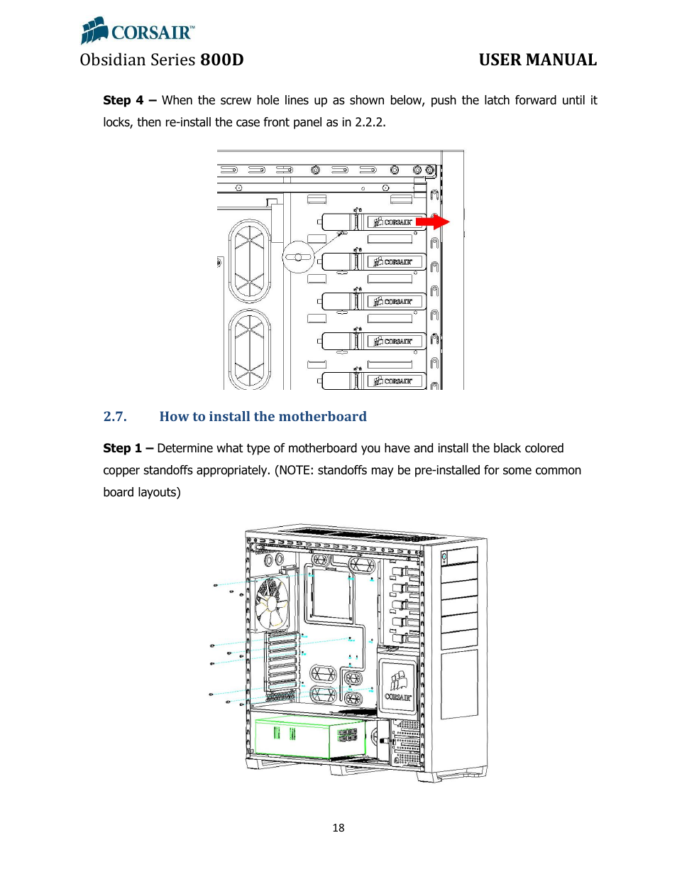 How to install the motherboard, Obsidian series 800d user manual | Corsair Obsidian 800D User Manual | Page 18 / 27