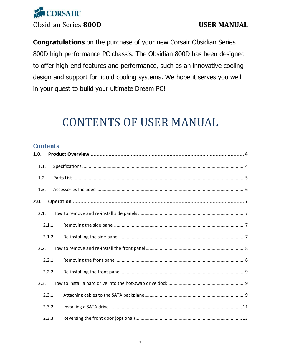 Contents of user manual, Obsidian series 800d user manual | Corsair Obsidian 800D User Manual | Page 2 / 27