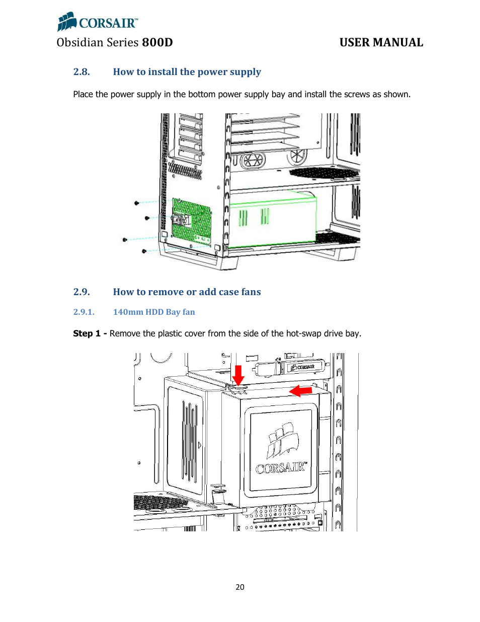 How to install the power supply, How to remove or add case fans, 140mm hdd bay fan | Obsidian series 800d user manual | Corsair Obsidian 800D User Manual | Page 20 / 27