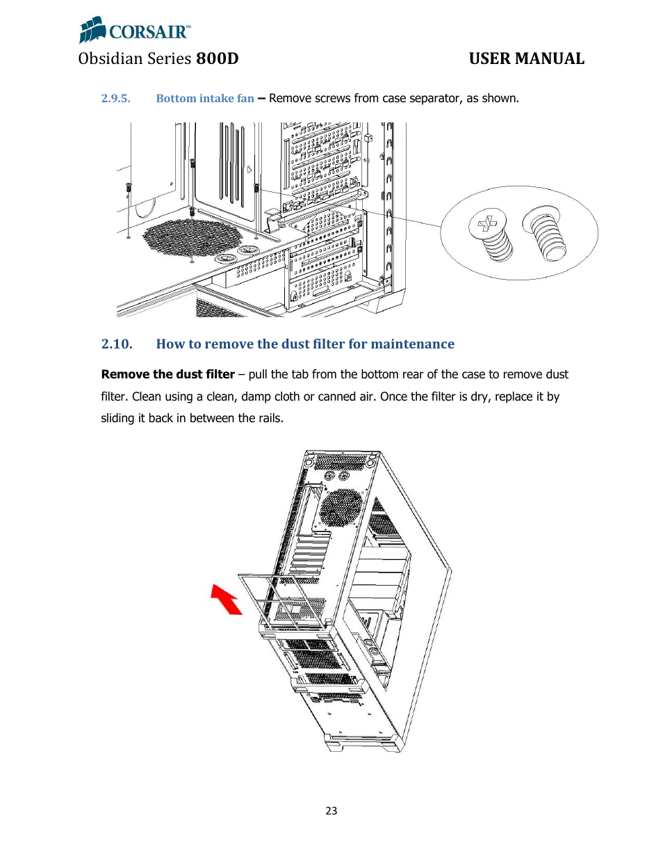 Bottom intake fan, How to remove the dust filter for maintenance, Obsidian series 800d user manual | Corsair Obsidian 800D User Manual | Page 23 / 27