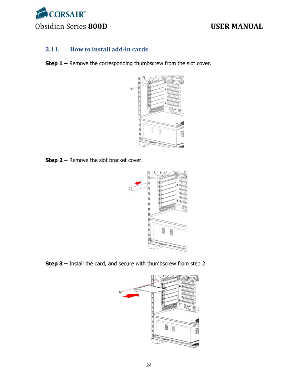 How to install add-in cards, Obsidian series 800d user manual | Corsair Obsidian 800D User Manual | Page 24 / 27