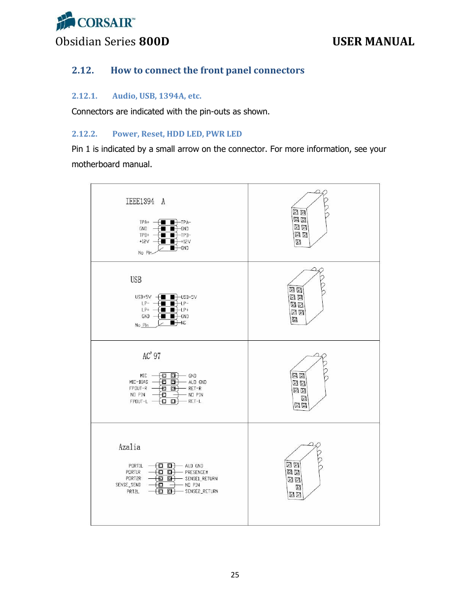 How to connect the front panel connectors, Audio, usb, 1394a, etc, Power, reset, hdd led, pwr led | Obsidian series 800d user manual | Corsair Obsidian 800D User Manual | Page 25 / 27