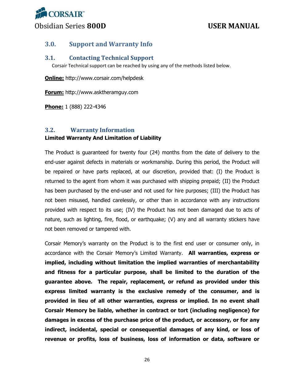 Support and warranty info, Contacting technical support, Warranty information | Obsidian series 800d user manual | Corsair Obsidian 800D User Manual | Page 26 / 27