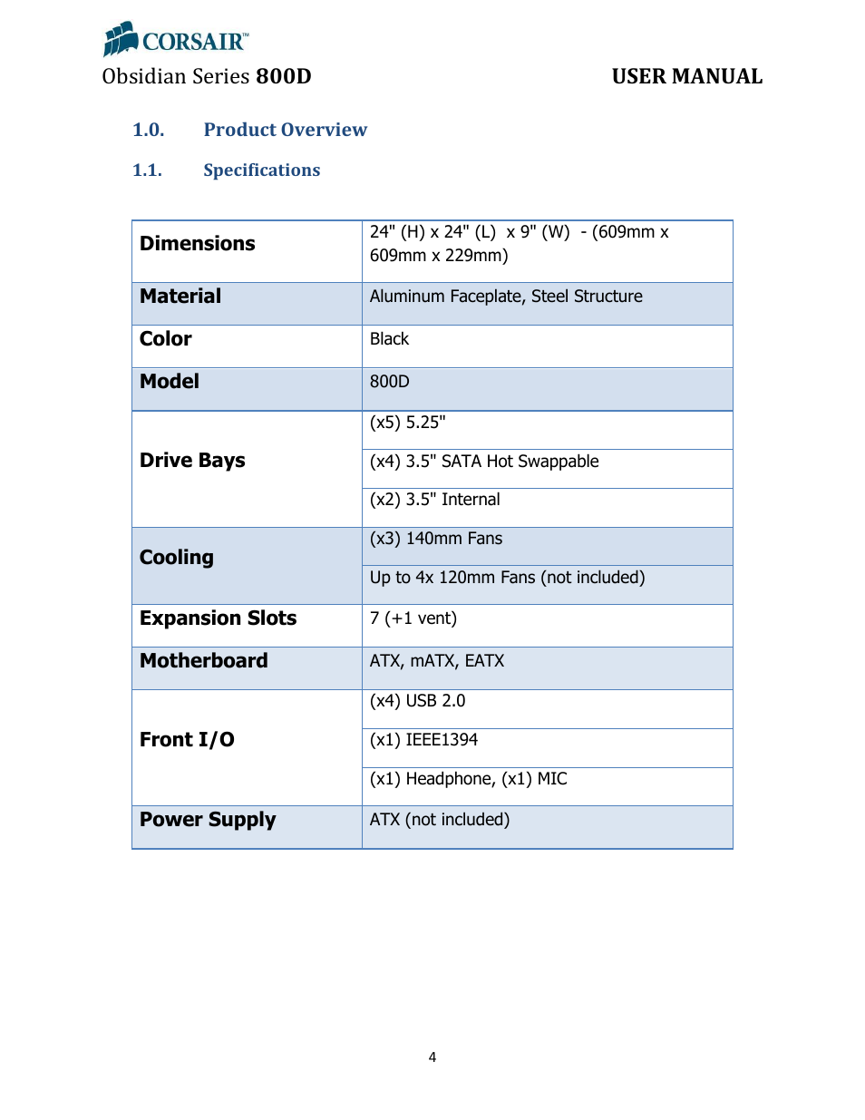 Product overview, Specifications, Obsidian series 800d user manual | Corsair Obsidian 800D User Manual | Page 4 / 27