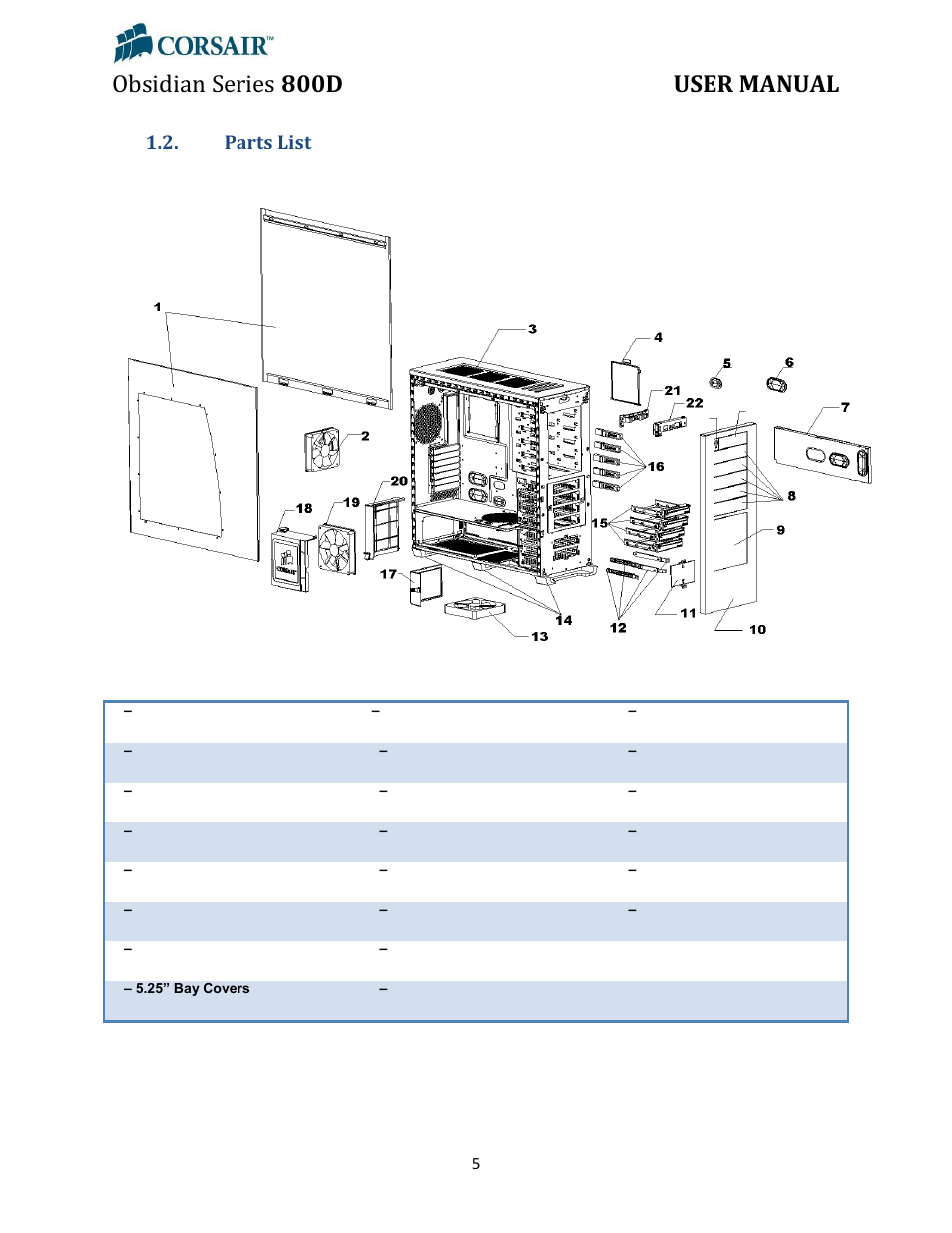 Parts list, Obsidian series 800d user manual | Corsair Obsidian 800D User Manual | Page 5 / 27