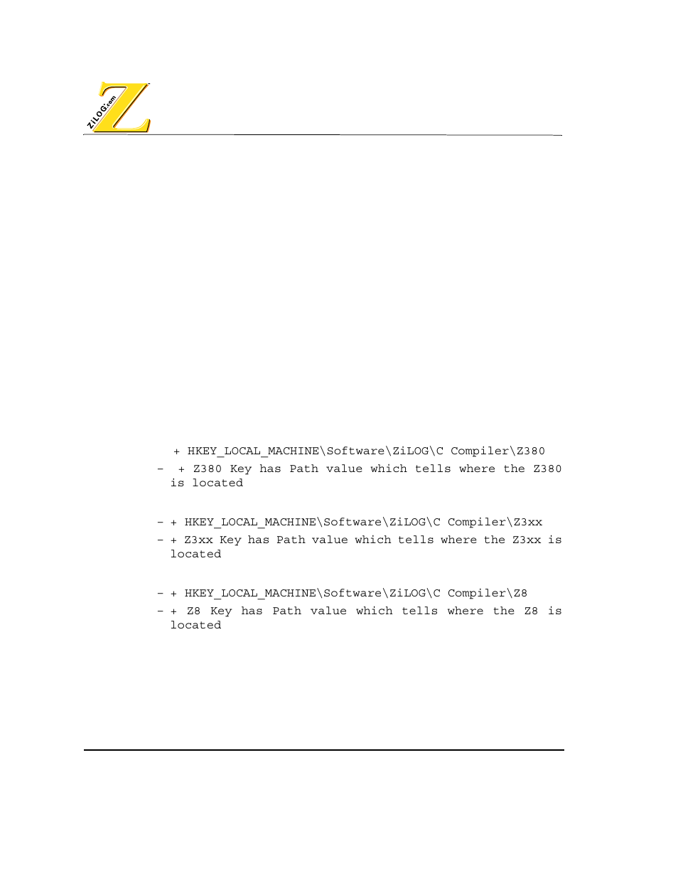 Installing the 380 c-compiler, Registry keys | Zilog Z80380 User Manual | Page 16 / 116