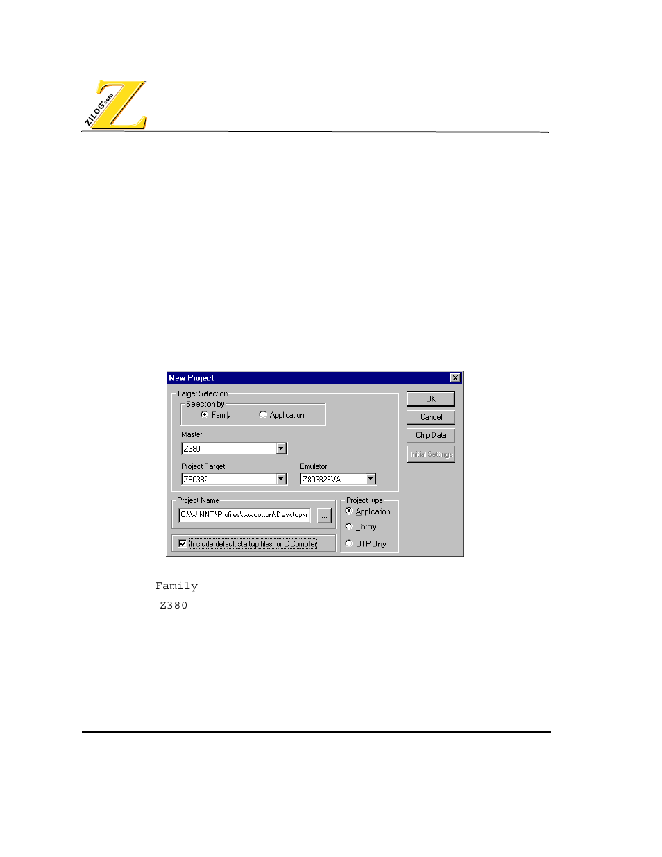 Sample session, Create a project and select a processor, Igure | Roject, Dialog | Zilog Z80380 User Manual | Page 18 / 116