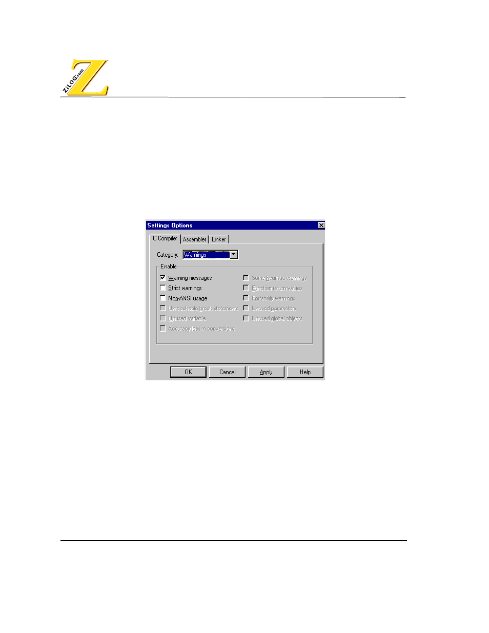 Configuring warnings, Igure, Compiler | Arnings | Zilog Z80380 User Manual | Page 26 / 116