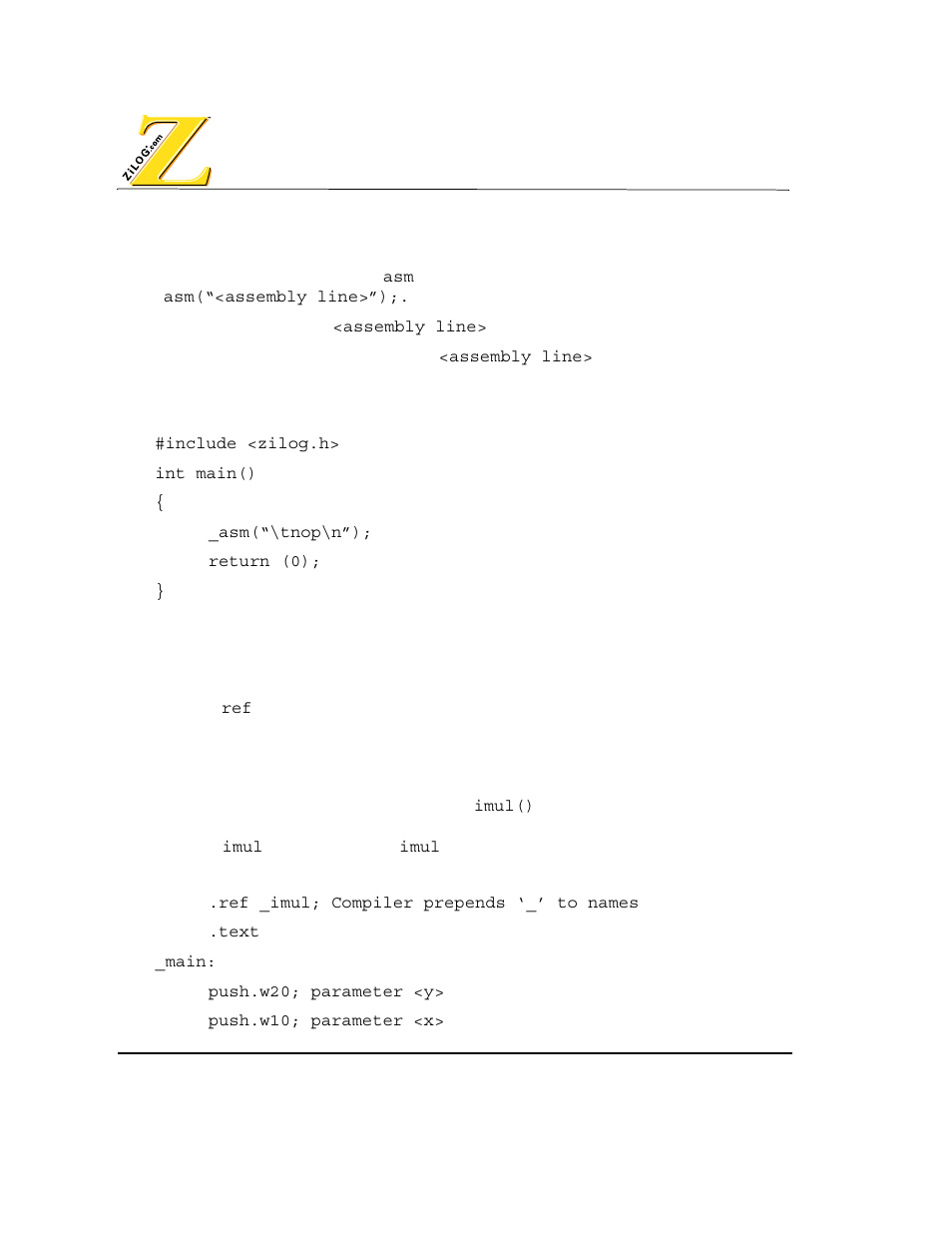 Incorporating assembly with c, Incorporating c with assembly, Example | Zilog Z80380 User Manual | Page 48 / 116