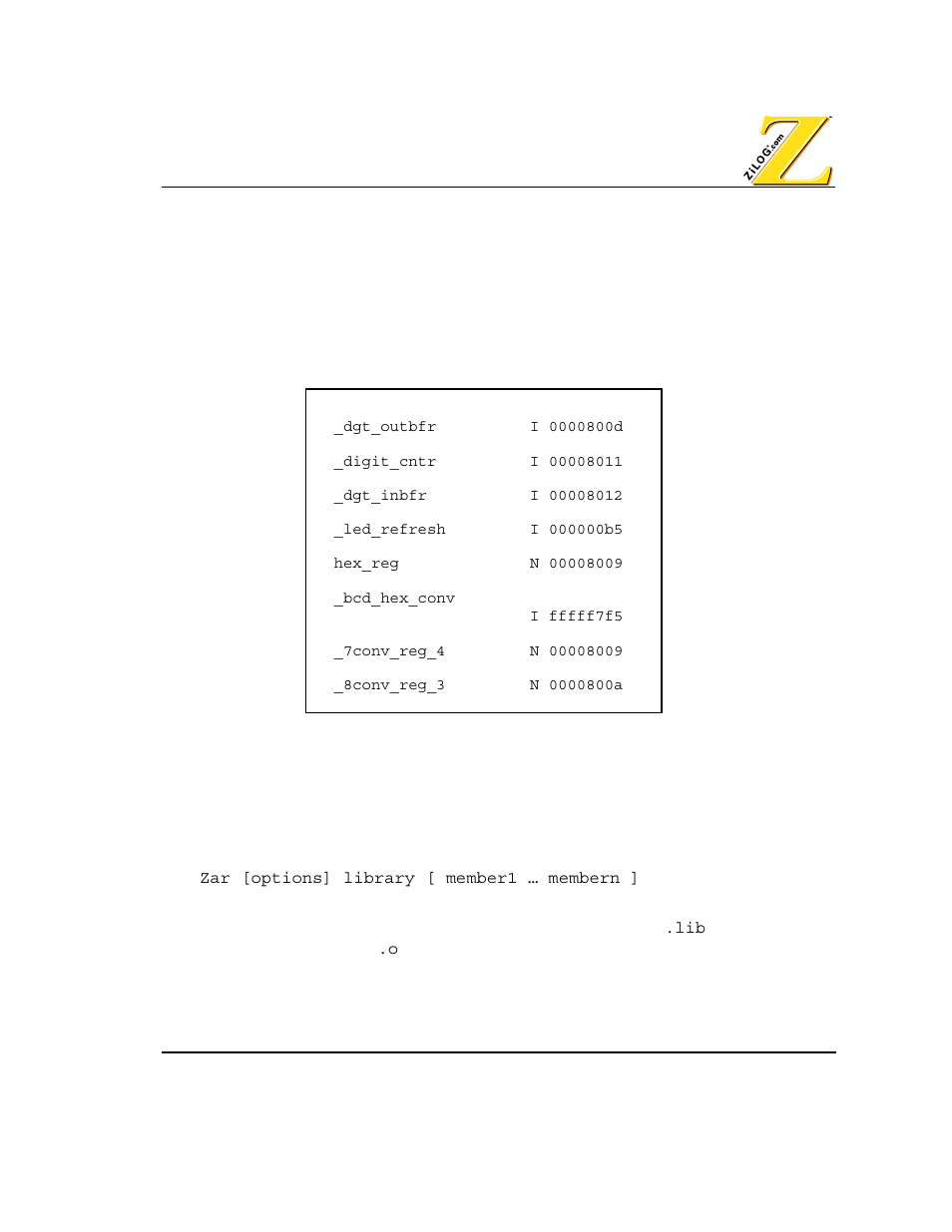 Symbol file in zilog symbol format, Using the librarian, Igure | Ample, Ymbol | Zilog Z80380 User Manual | Page 63 / 116
