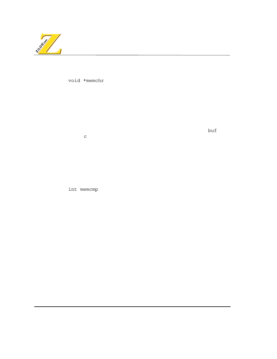 Memchr function, Memcmp function | Zilog Z80380 User Manual | Page 74 / 116