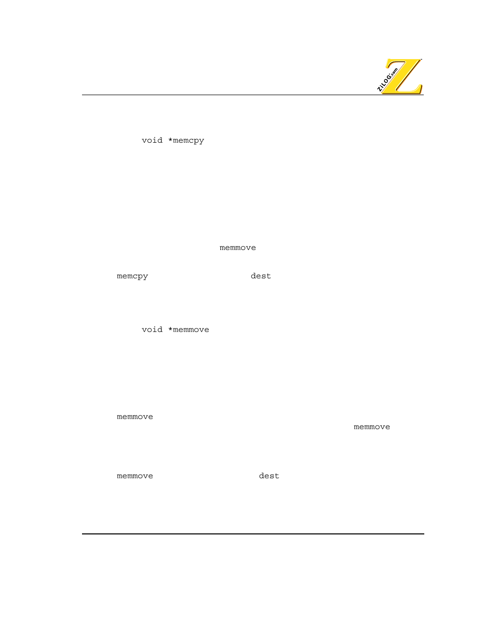 Memcpy function, Memmove function | Zilog Z80380 User Manual | Page 75 / 116