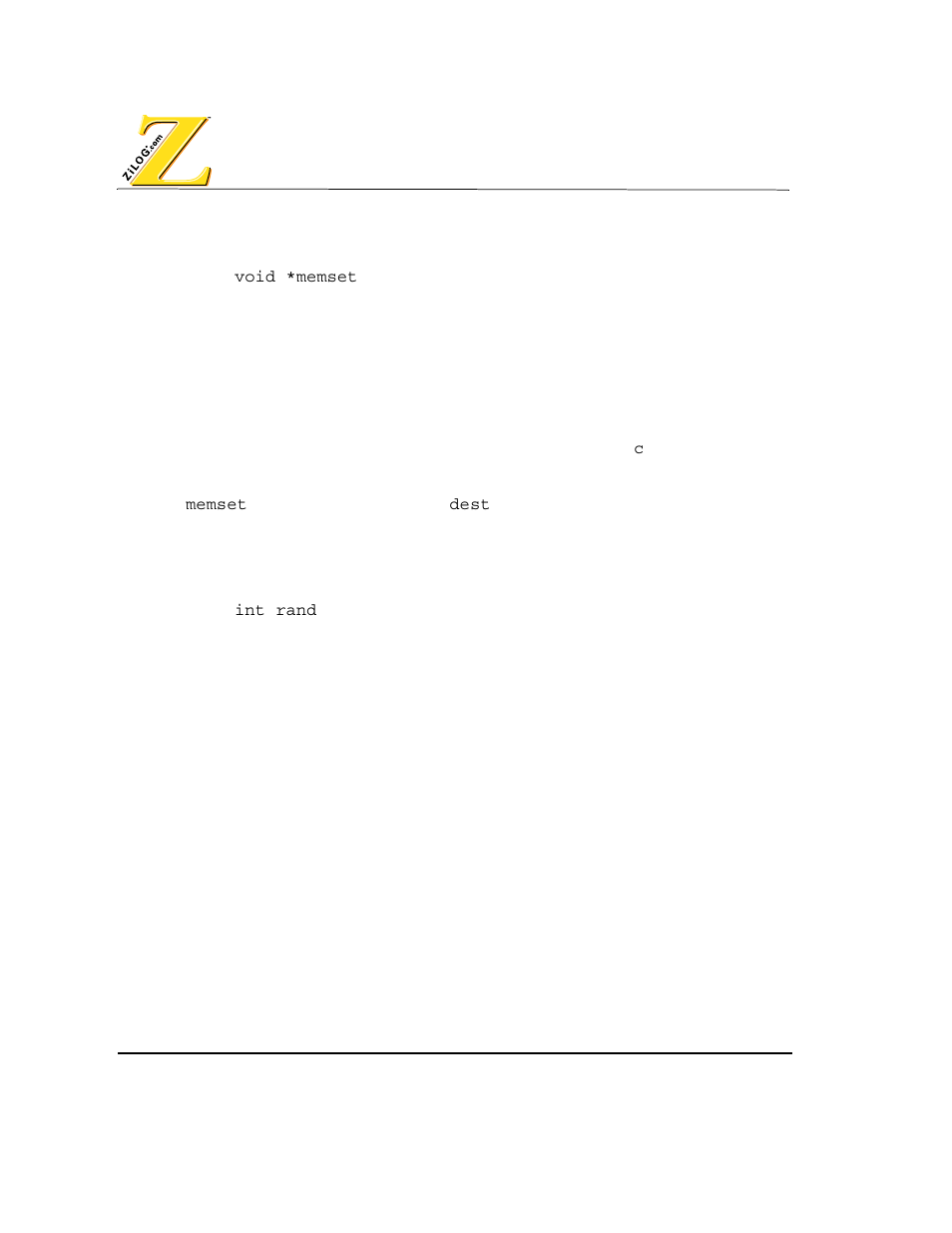 Memset function, Rand function | Zilog Z80380 User Manual | Page 76 / 116
