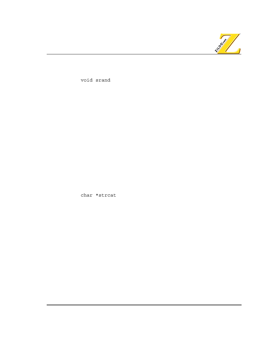 Srand function, Strcat function | Zilog Z80380 User Manual | Page 77 / 116