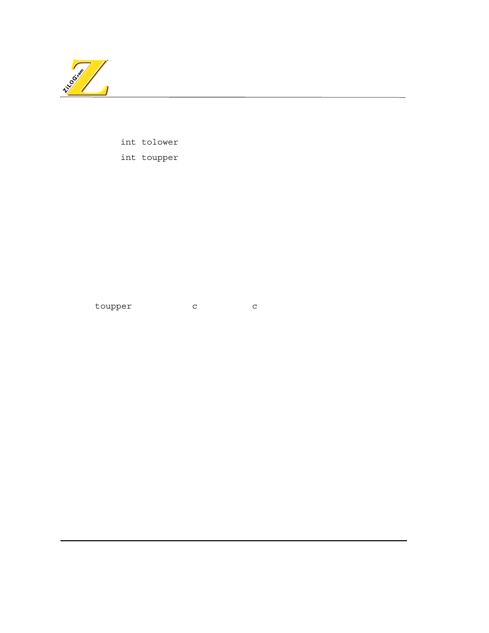 Tolower, toupper functions, Tolower, toupper | Zilog Z80380 User Manual | Page 88 / 116