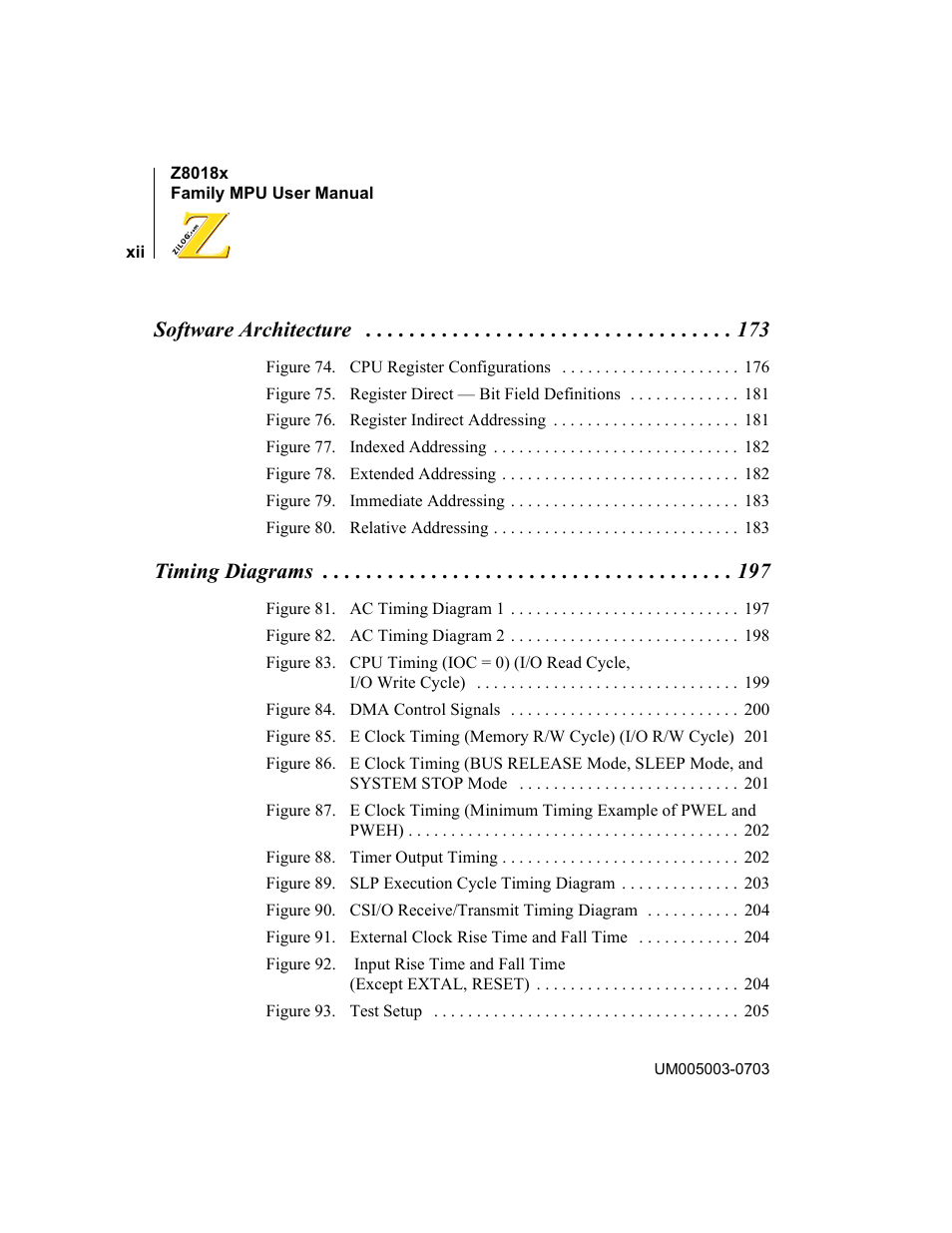 Software architecture 173, Timing diagrams 197, Software architecture | Timing diagrams | Zilog Z80180 User Manual | Page 11 / 326