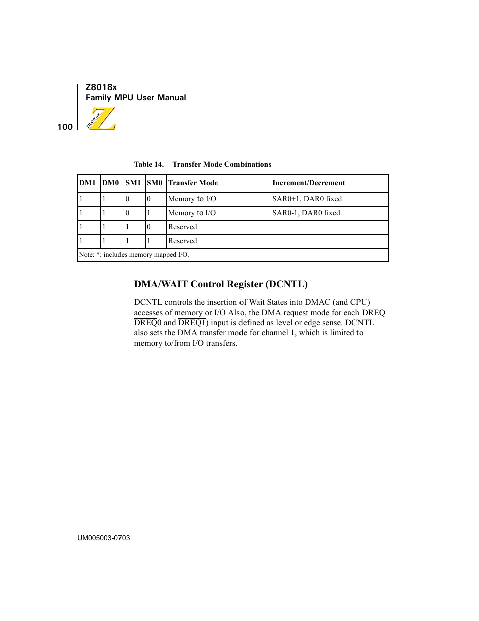 Dma/wait control register (dcntl) | Zilog Z80180 User Manual | Page 115 / 326