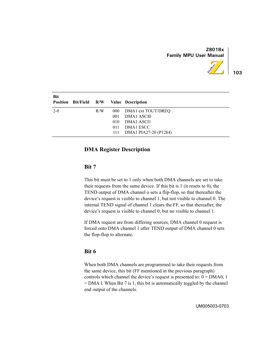 Dma register description bit 7, Bit 6 | Zilog Z80180 User Manual | Page 118 / 326