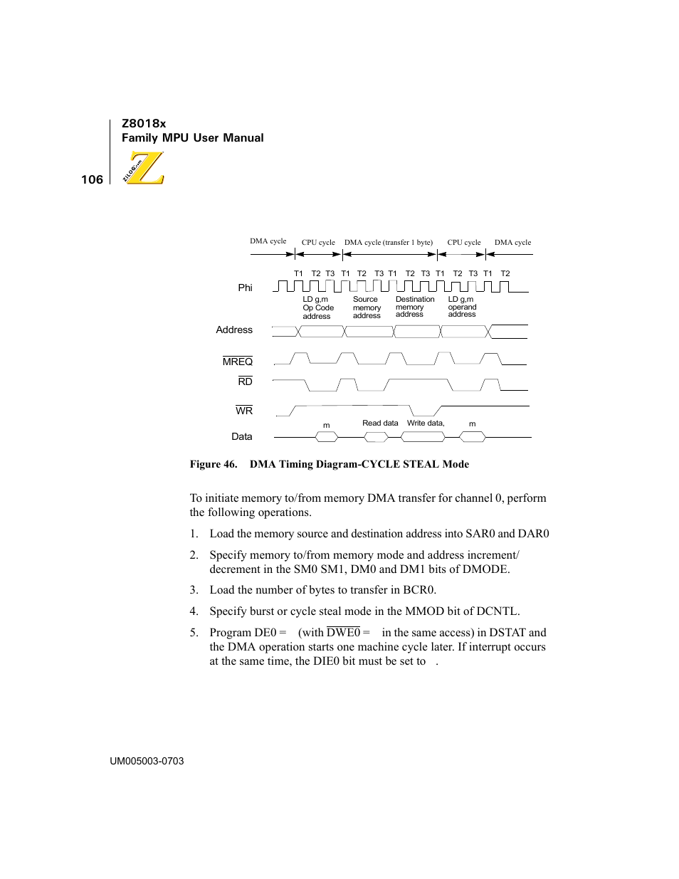 Figure 46. dma timing diagram-cycle steal mode, With dwe0 | Zilog Z80180 User Manual | Page 121 / 326