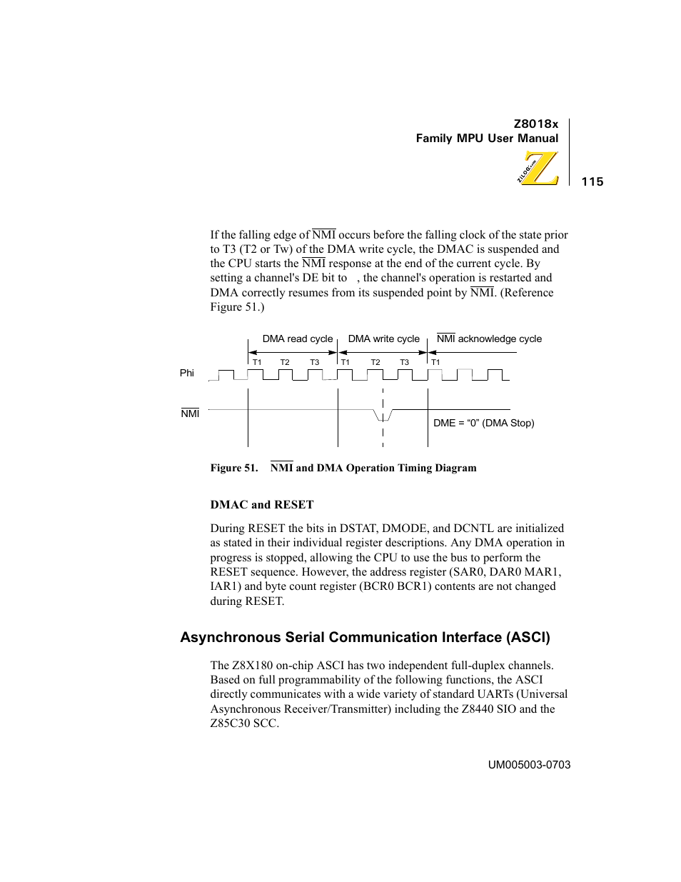 Asynchronous serial communication interface (asci), Figure 51. nmi and dma operation timing diagram | Zilog Z80180 User Manual | Page 130 / 326