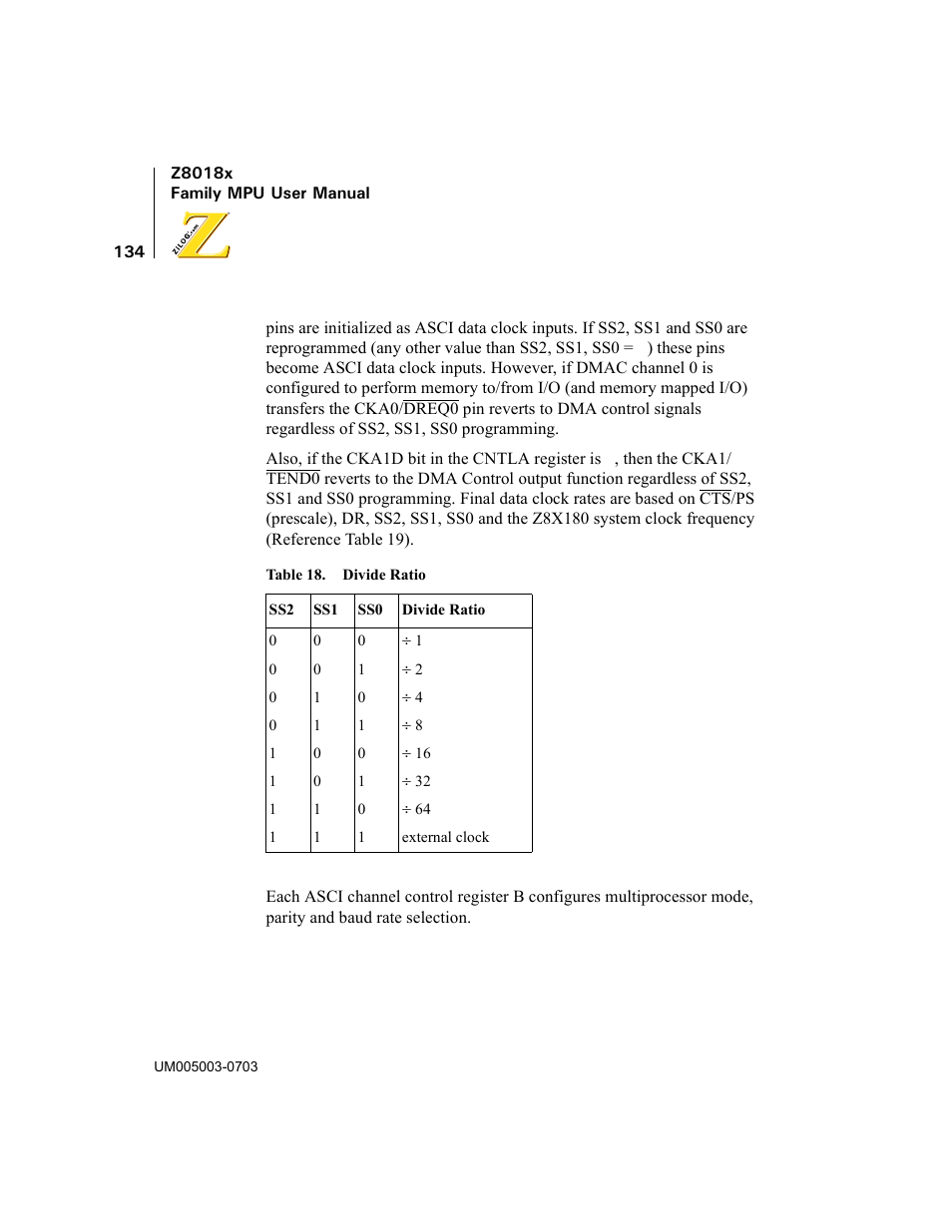 Table 18, Divide ratio | Zilog Z80180 User Manual | Page 149 / 326