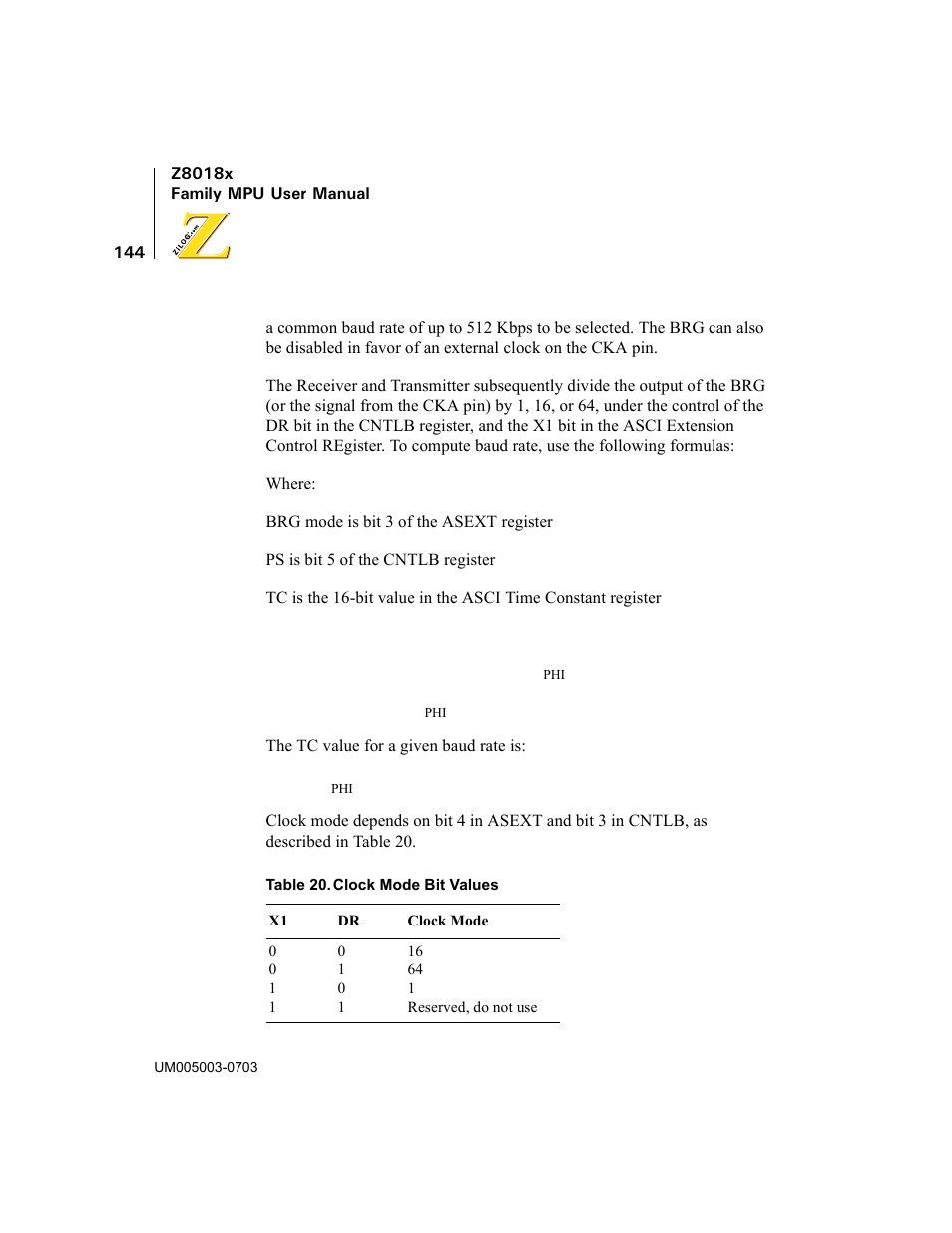 Table 20, Clock mode bit values | Zilog Z80180 User Manual | Page 159 / 326