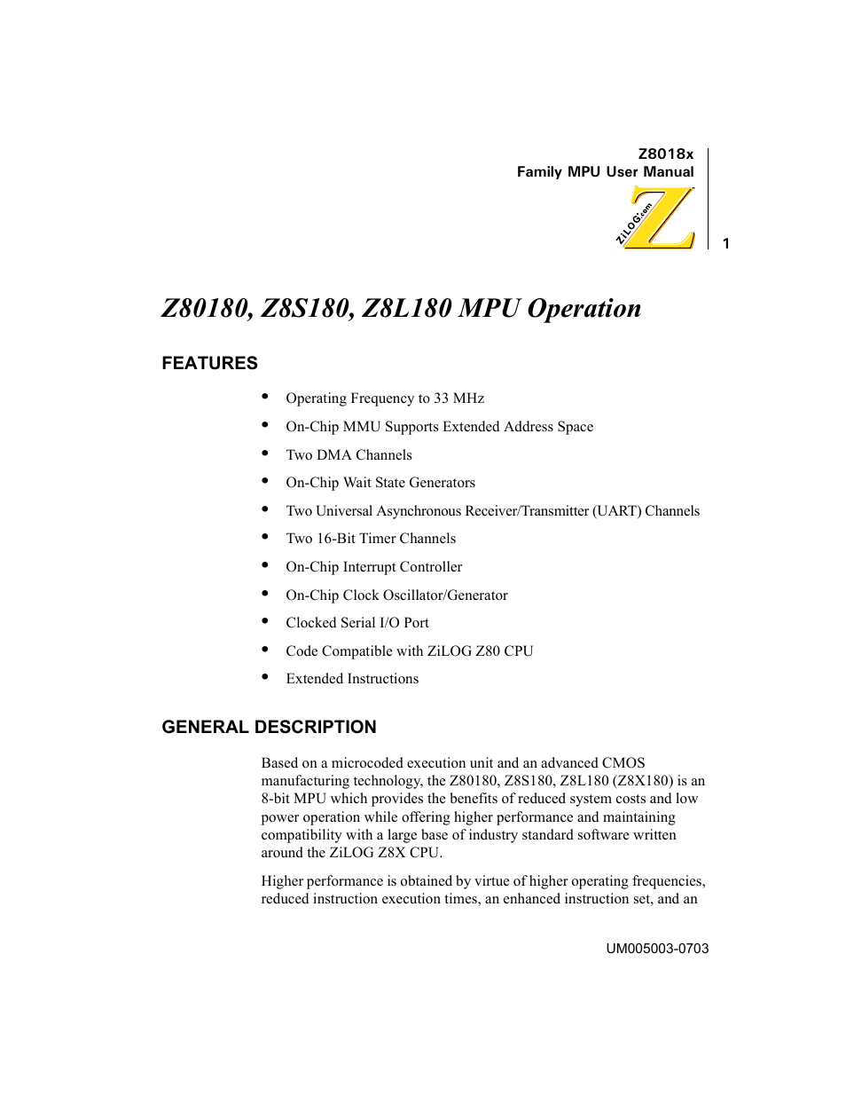 Z80180, z8s180, z8l180 mpu operation, Features, General description | Zilog Z80180 User Manual | Page 16 / 326