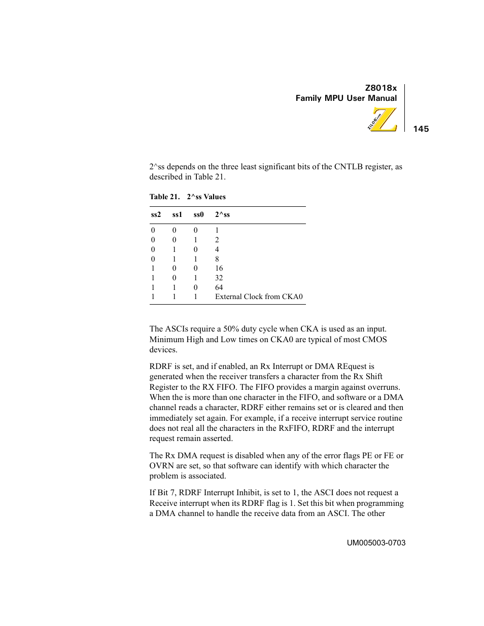 Table 21, 2^ss values | Zilog Z80180 User Manual | Page 160 / 326