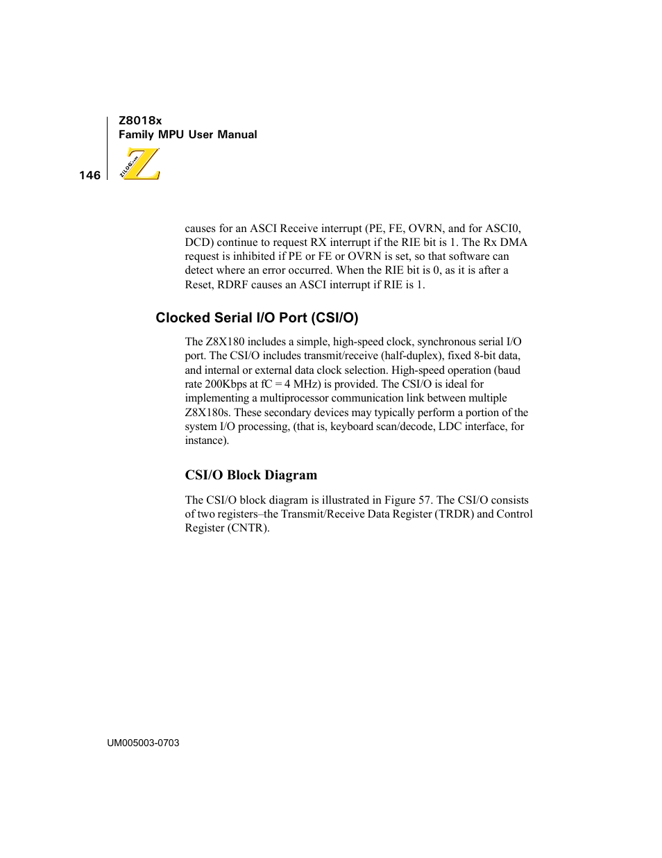 Clocked serial i/o port (csi/o) | Zilog Z80180 User Manual | Page 161 / 326