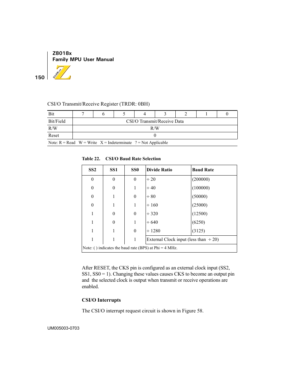 Csi/o baud rate selection | Zilog Z80180 User Manual | Page 165 / 326