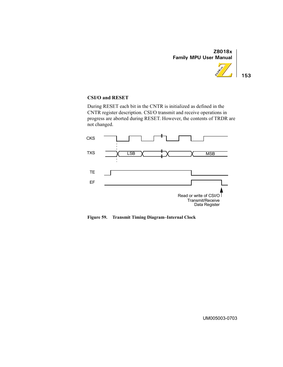 Figure 59. transmit timing diagram–internal clock | Zilog Z80180 User Manual | Page 168 / 326