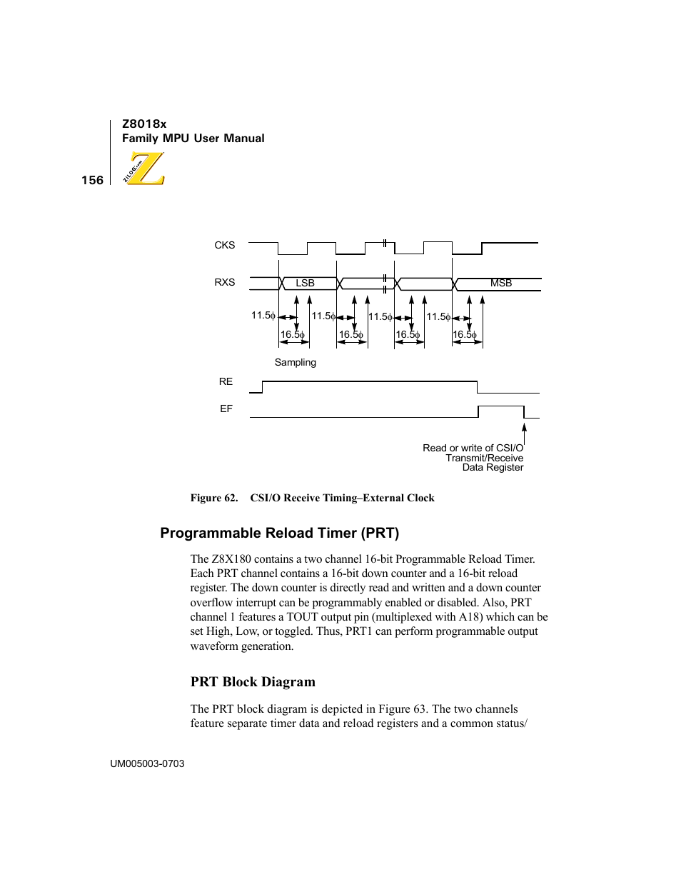 Programmable reload timer (prt), Figure 62. csi/o receive timing–external clock, Prt block diagram | Zilog Z80180 User Manual | Page 171 / 326