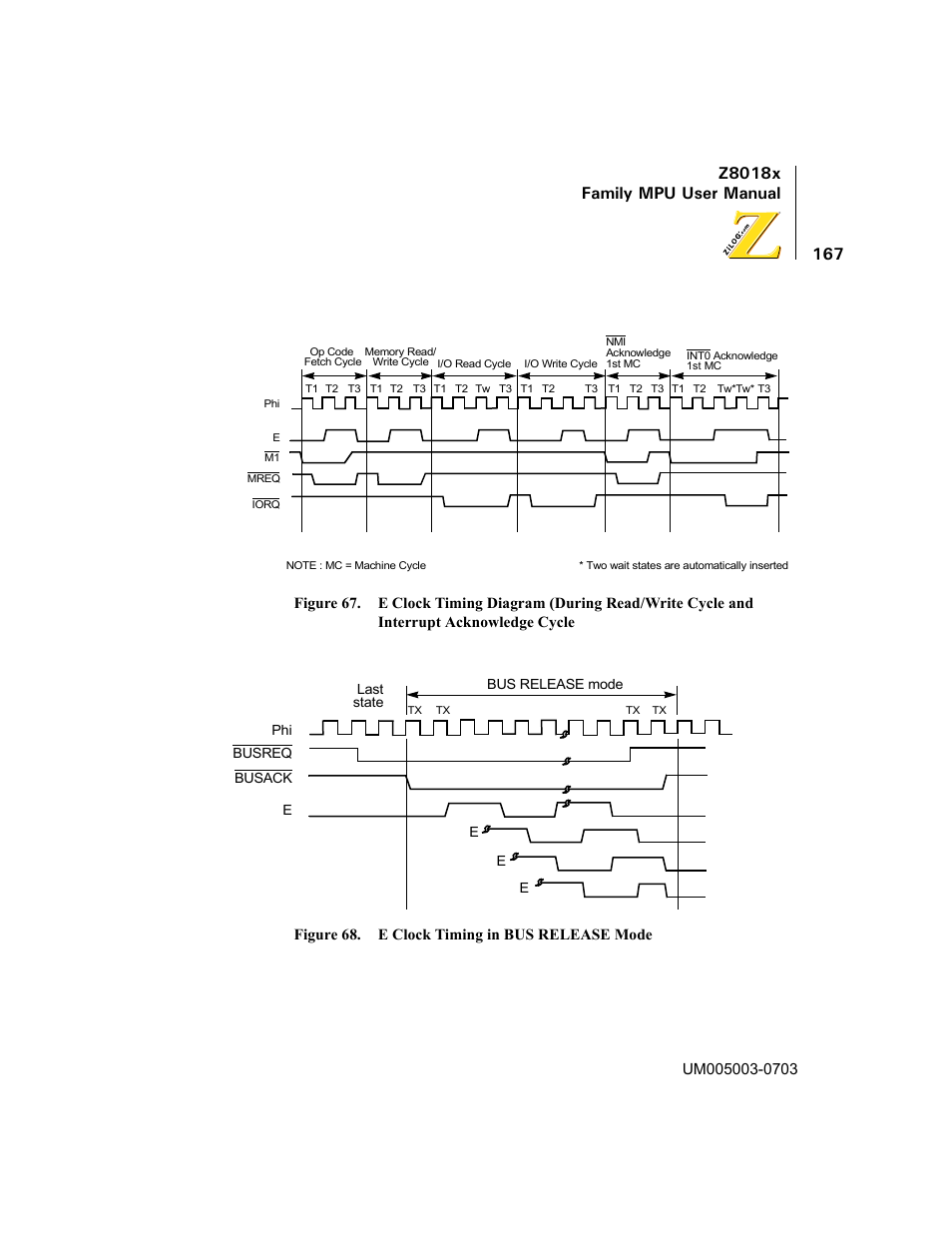 And interrupt acknowledge cycle, Figure 68. e clock timing in bus release mode, Z8018x family mpu user manual | Zilog Z80180 User Manual | Page 182 / 326