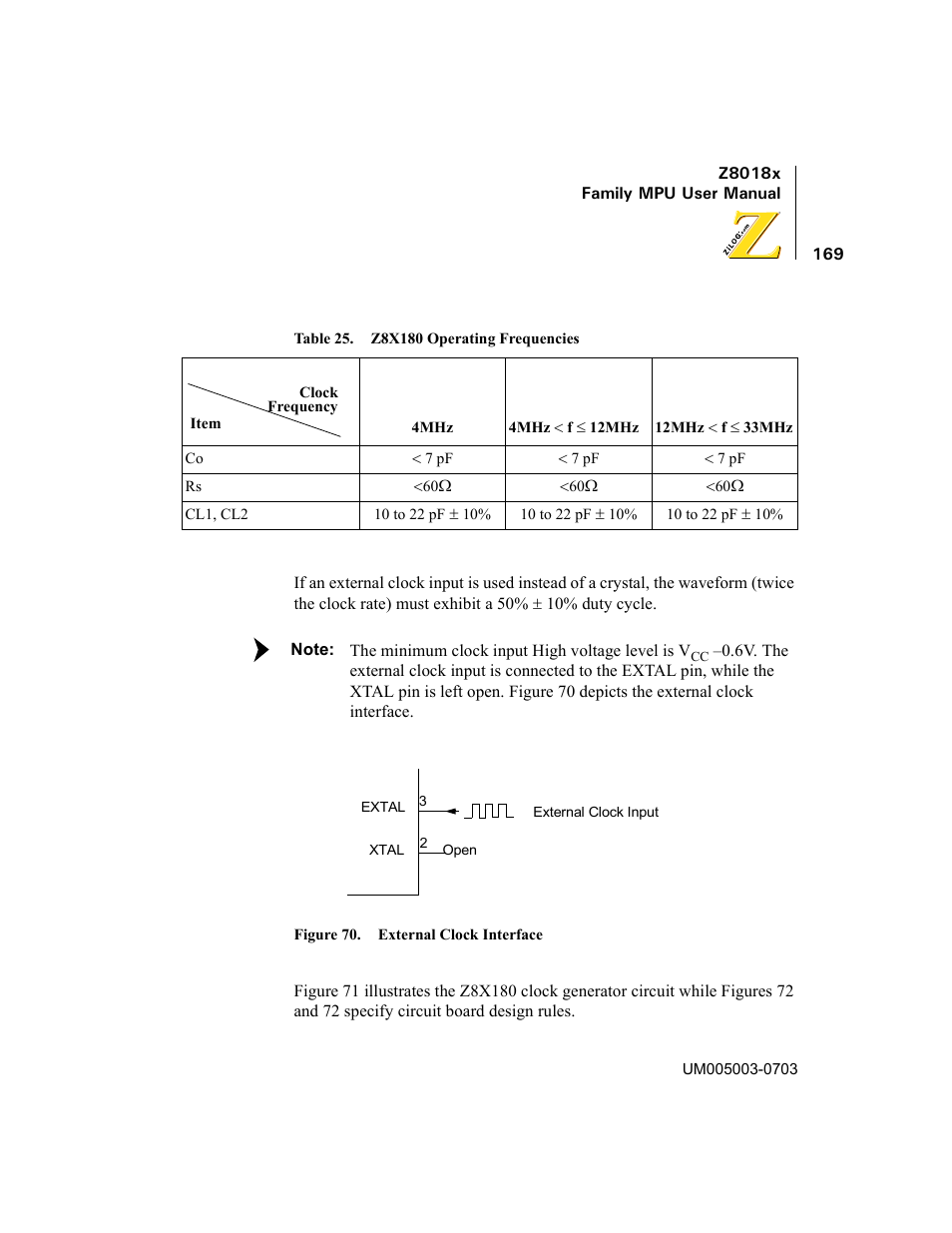 Figure 70. external clock interface, Table 25, Z8x180 operating frequencies | Zilog Z80180 User Manual | Page 184 / 326
