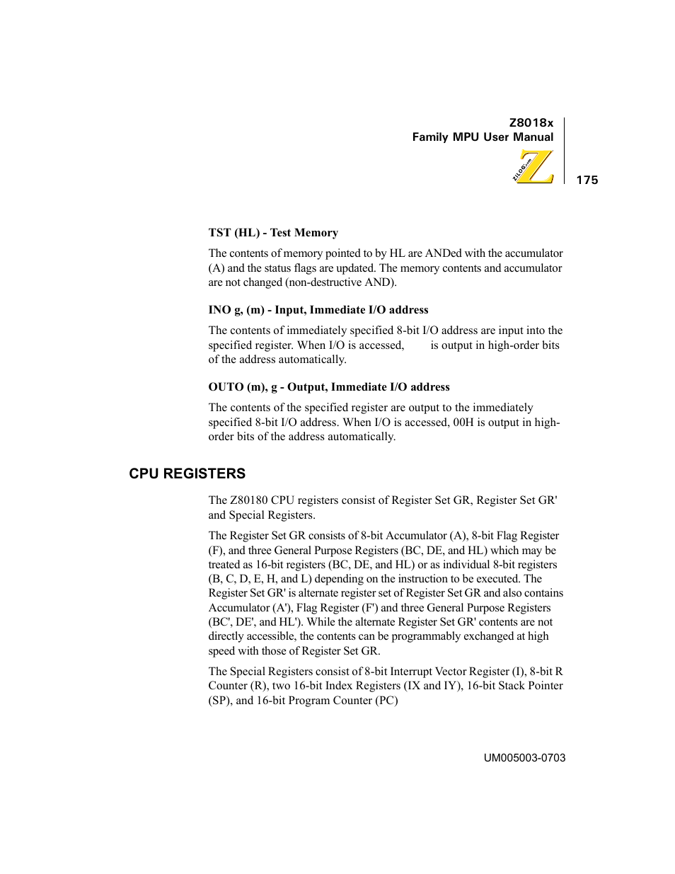 Cpu registers | Zilog Z80180 User Manual | Page 190 / 326