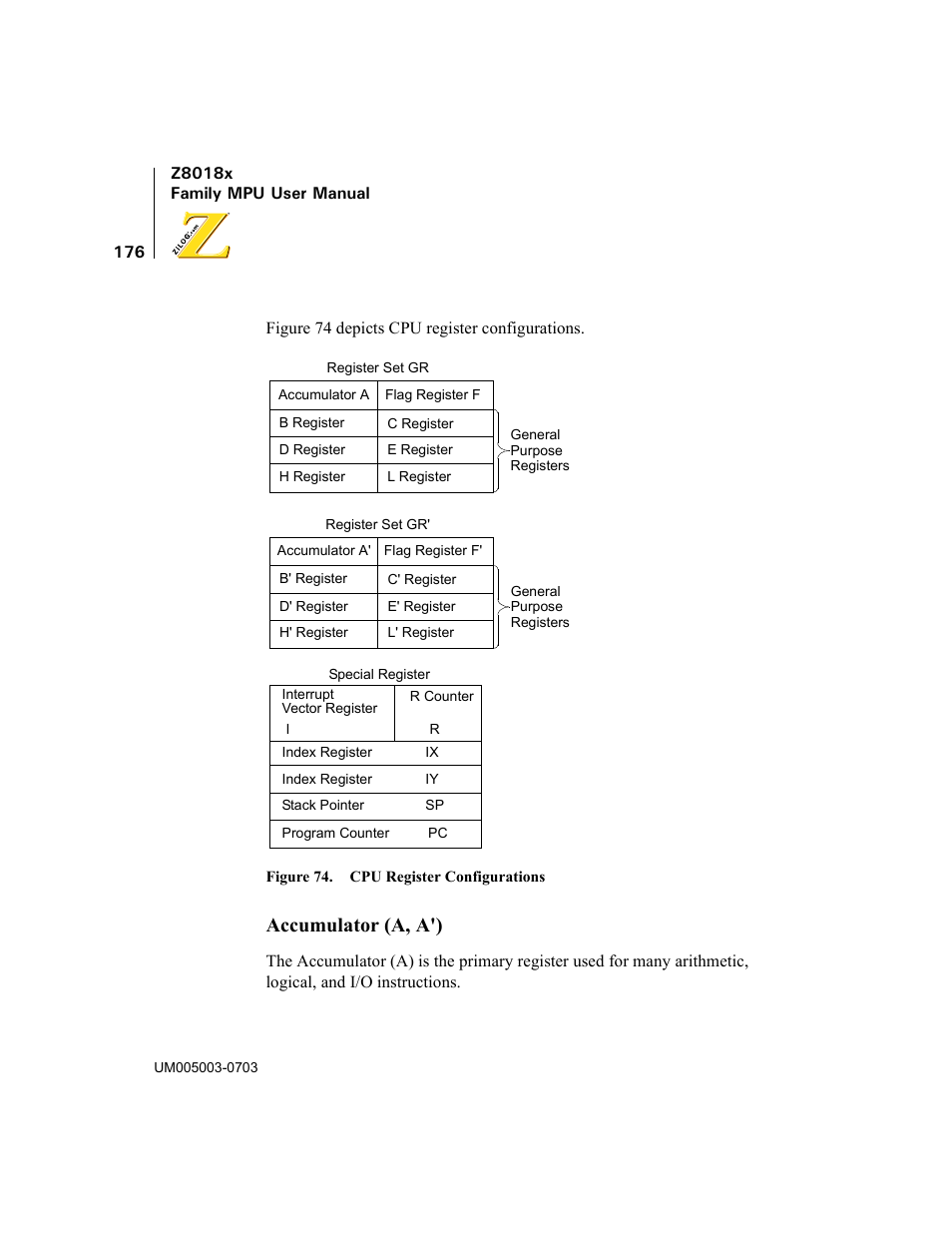 Figure 74. cpu register configurations, Accumulator (a, a') | Zilog Z80180 User Manual | Page 191 / 326