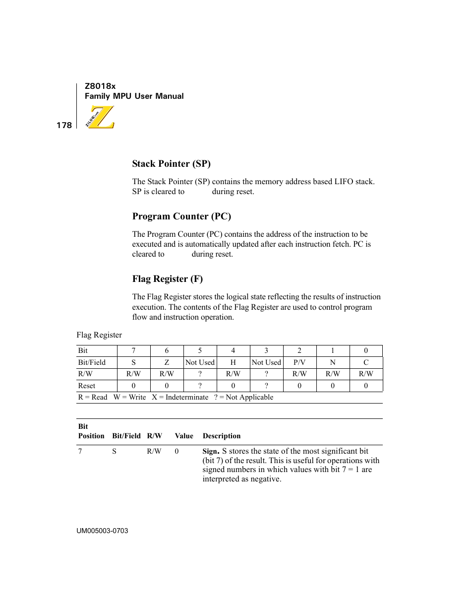 Stack pointer (sp), Program counter (pc), Flag register (f) | Zilog Z80180 User Manual | Page 193 / 326
