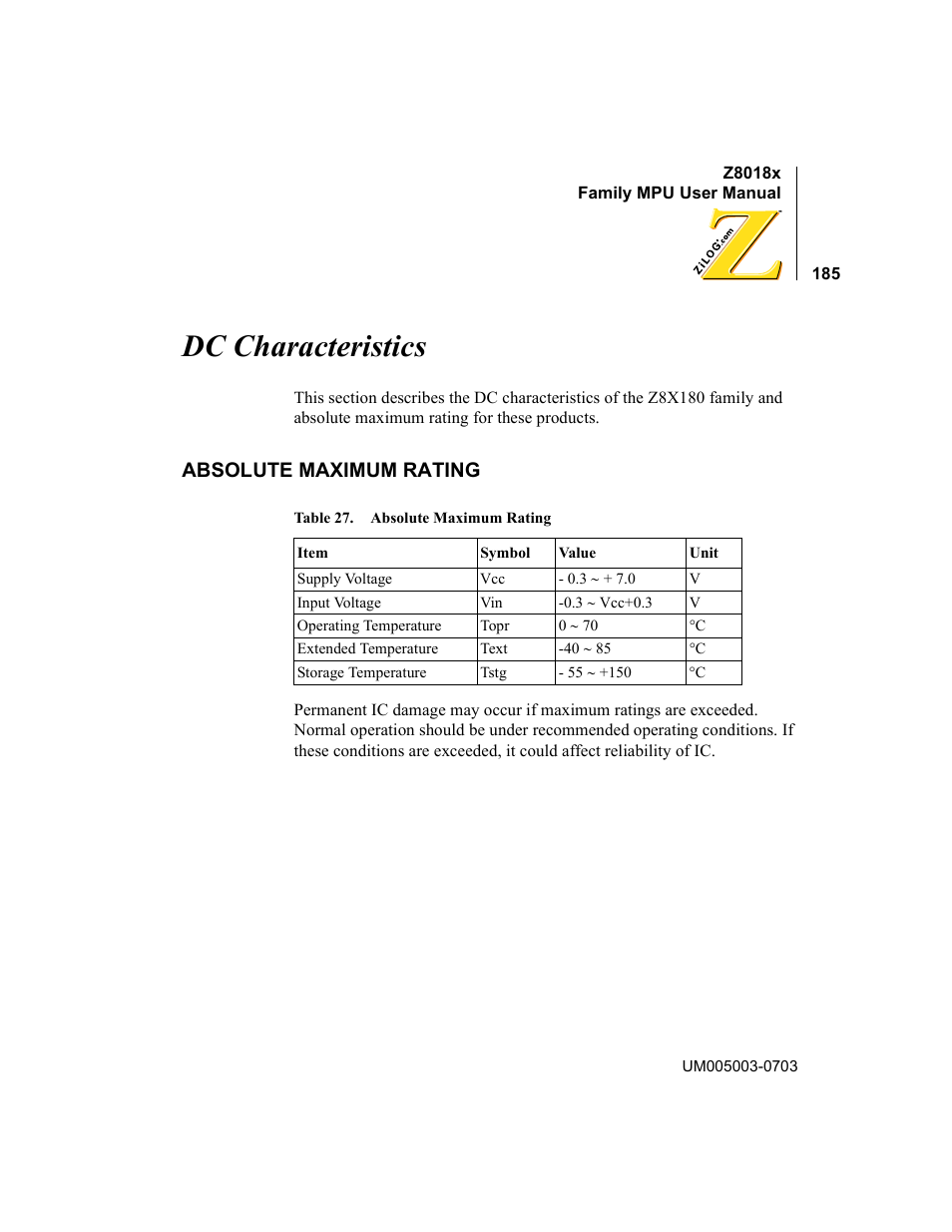 Dc characteristics, Absolute maximum rating, Table 27 | Zilog Z80180 User Manual | Page 200 / 326